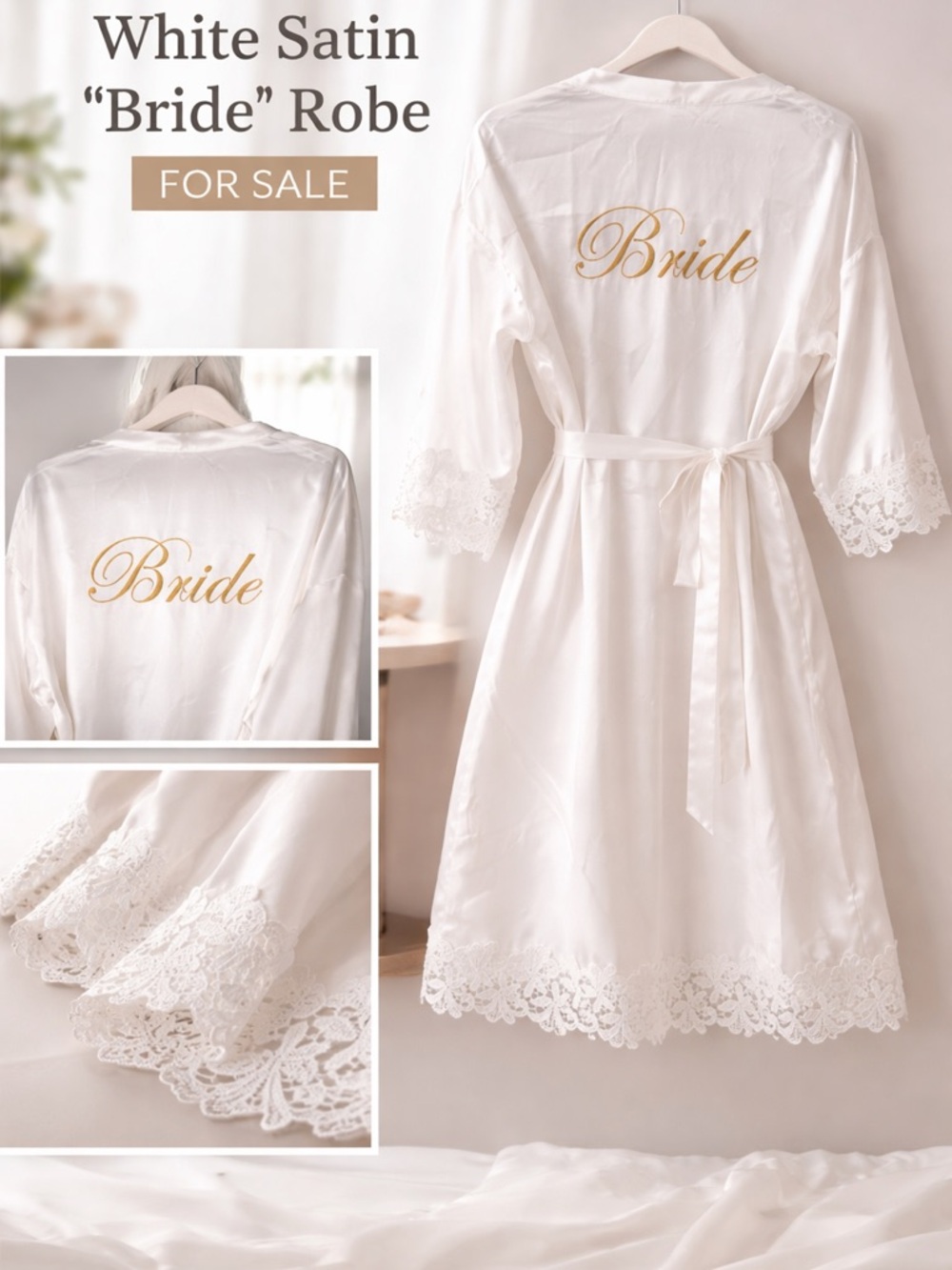 White Satin Bride Robe with Lace Trim